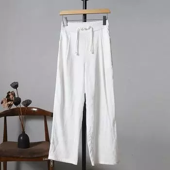 Широкие брюки в китайском стиле из пряжи Xiangyun, женские, 2024 года, новые, летние, с высокой талией, свободные и тонкие, прямые и тонкие, с девятью точками XL чёрный