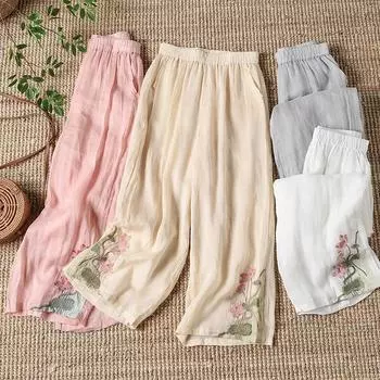 Широкие брюки в китайском стиле, женские летние тонкие повседневные брюки в стиле ретро с вышивкой и дышащими карманами XXXXL белый