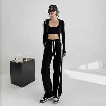 Широкие брюки женские осенние новые спортивные штаны в полоску Design Sense прямые тонкие универсальные повседневные брюки S чёрный