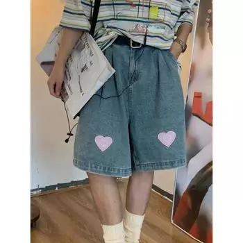 Широкие джинсовые брюки с винтажным принтом, женские укороченные мешковатые джинсы большого размера для пар, повседневные уличные шорты 2000-х годов Y2k, мужские шорты S синий