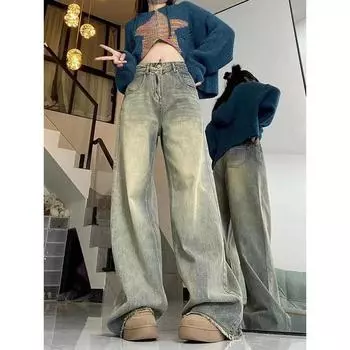 Широкие джинсовые брюки, женские винтажные уличные мешковатые джинсы Y2K, женские прямые брюки с высокой талией полной длины XXL жёлтый