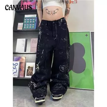 Широкие джинсы Джинсы с рисунком граффити для женщин Свободные брюки в стиле хип-хоп с прямыми штанинами