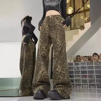 Широкие джинсы с леопардовым принтом в стиле ретро: Модный свободный крой в стиле хип-хоп 3XL цветной печати леопарда