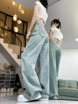 Широкие джинсы с вышитым бантом для женщин весна-осень одежда больших размеров джинсовые прямые брюки с высокой талией уличная одежда XS светло-синий