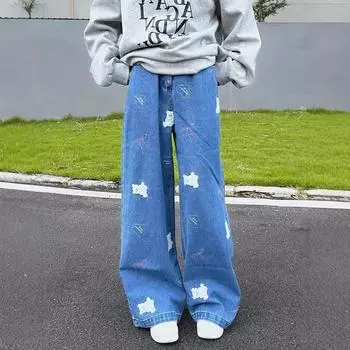 Широкие джинсы с вышитыми нашивками в виде медведя для женщин на осень и зиму, новые свободные узкие прямые брюки в пол S синий