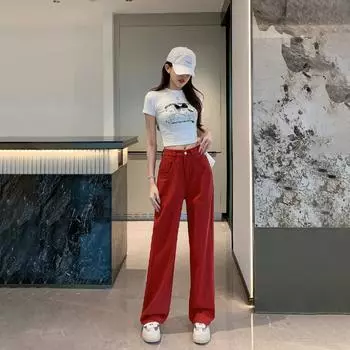 Широкие джинсы с высокой талией, женские свободные прямые однотонные джинсовые брюки, корейские уличные брюки S чёрный