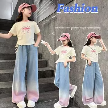 Широкие джинсы Tencel для девочек, брюки с градиентным цветом для детей, верхняя одежда, длинные брюки, одежда 170cm синий