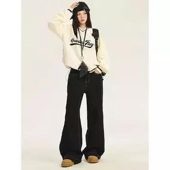 Широкие джинсы в американском стиле с обратным дизайном для женщин 2024 года, новые свободные утягивающие брюки с высокой талией XS чёрный