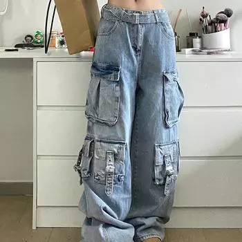 Широкие джинсы в американском уличном стиле унисекс для работы с дизайнерскими деталями, высокой талией, множеством карманов, свободным кроем, длиной до пола. S, with belt синий