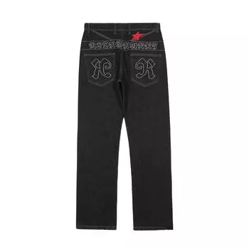 Широкие джинсы в стиле ретро с вышитыми готической звездой S чёрный