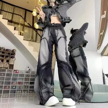 Широкие джинсы женские хип-хоп стиль мода винтаж уличная одежда черные джинсы с высокой талией женские брюки мешковатые джинсовые брюки XL чёрный