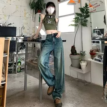 Широкие джинсы женские с вышивкой и высокой талией, тонкие свободные прямые брюки с тонкой драпировкой, мягкие длинные брюки со шваброй XS светло-синий