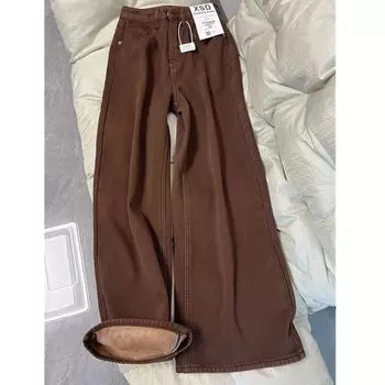 Широкие джинсы женские с высокой талией, американские винтажные, однотонные, универсальные, осень-зима, плюс бархат, уличная одежда, повседневная, простая, шикарная S