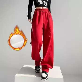 Широкие флисовые брюки для женщин, зимние брюки из плотного бархата, с высокой талией, прямые повседневные брюки длиной до пола, свободный крой, санитарные брюки S темно серый