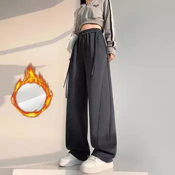 Широкие флисовые брюки для женщин, зимние брюки из плотного бархата, с высокой талией, прямые повседневные брюки длиной до пола, свободный крой, санитарные брюки S темно серый