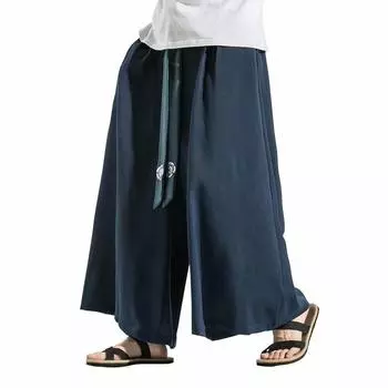 Широкие хакама гусь с японским стилем большой большой номер все унисекс [KOGARASI] брюки, брюки, мужские брюки, свободные, пояс, узор, простые, лен,