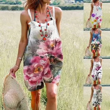 Широкие комбинезоны для женщин, летние свободные повседневные эластичные шорты на тонких бретельках, комбинезон с карманами M синий