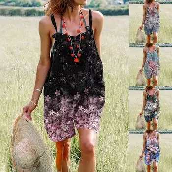 Широкие комбинезоны для женщин, летние свободные повседневные эластичные шорты на тонких бретельках, комбинезон с карманами XXL