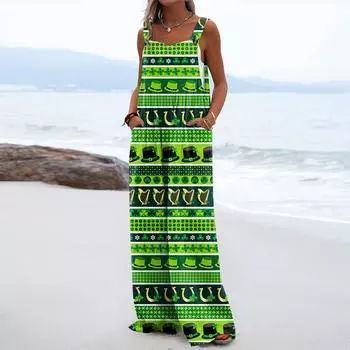 Широкие комбинезоны для женщин, повседневные свободные комбинезоны без рукавов St. Длинный комбинезон с карманами и принтом на пуговицах ко Дню Святого Патрика
