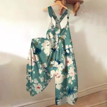 Широкие комбинезоны для женщин, повседневные свободные комбинезоны без рукавов, ретро-принт, металлические пуговицы, длинные брюки, комбинезон с карманами L циан