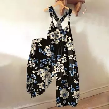 Широкие комбинезоны для женщин, повседневные свободные комбинезоны без рукавов, ретро-принт, металлические пуговицы, длинные брюки, комбинезон с карманами L чёрный