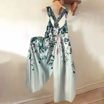 Широкие комбинезоны для женщин, повседневные свободные комбинезоны без рукавов, ретро-принт, металлические пуговицы, длинные брюки, комбинезон с карманами L зелёный