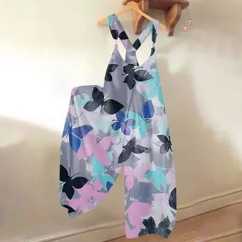 Широкие комбинезоны для женщин, повседневные свободные комбинезоны без рукавов, ретро-принт, металлические пуговицы, длинные брюки, комбинезон с карманами M