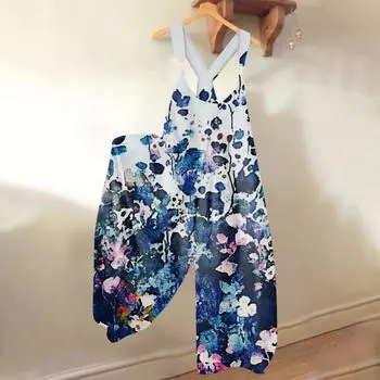 Широкие комбинезоны для женщин, повседневные свободные комбинезоны без рукавов, ретро-принт, металлические пуговицы, длинные брюки, комбинезон с карманами M синий