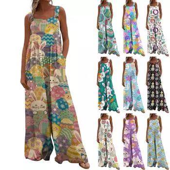 Широкие комбинезоны для женщин, повседневные свободные комбинезоны без рукавов, ко Дню святого Валентина, с принтом на пуговицах, длинные брюки, комбинезон с карманами M