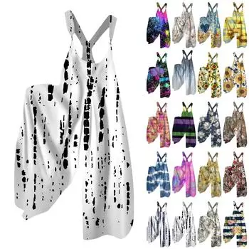 Широкие комбинезоны для женщин, повседневные свободные комбинезоны без рукавов, ретро-принт, металлические пуговицы, длинные брюки, комбинезон с карманами L синий