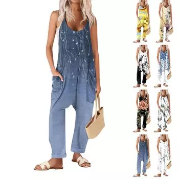 Широкие комбинезоны для женщин, повседневные свободные комбинезоны без рукавов, длинные брюки с принтом в стиле ретро, комбинезон с карманами L бежевый