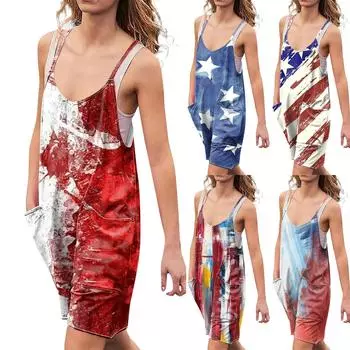 Широкие комбинезоны для женщин, повседневные свободные комбинезоны без рукавов, короткий комбинезон с ретро-принтом и карманами