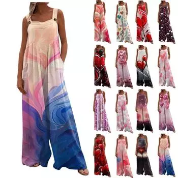 Широкие комбинезоны для женщин, повседневные свободные комбинезоны без рукавов, ко Дню святого Валентина, с принтом на пуговицах, длинные брюки, комбинезон с карманами L синий