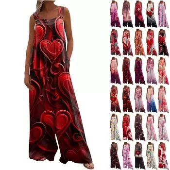 Широкие комбинезоны для женщин, повседневные свободные комбинезоны без рукавов, ко Дню святого Валентина, с принтом на пуговицах, длинные брюки, комбинезон с карманами L