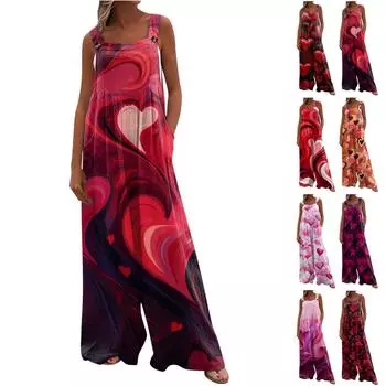Широкие комбинезоны для женщин, повседневные свободные комбинезоны без рукавов, ко Дню святого Валентина, с принтом на пуговицах, длинные брюки, комбинезон с карманами L