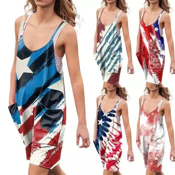 Широкие комбинезоны для женщин, повседневные свободные комбинезоны без рукавов, короткий комбинезон с ретро-принтом и карманами