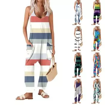 Широкие комбинезоны для женщин, повседневные свободные комбинезоны без рукавов, длинные брюки с принтом в стиле ретро, комбинезон с карманами L синий