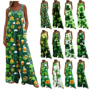 Широкие комбинезоны для женщин, повседневные свободные комбинезоны без рукавов St. Длинный комбинезон с карманами и принтом на пуговицах ко Дню Святого Патрика L