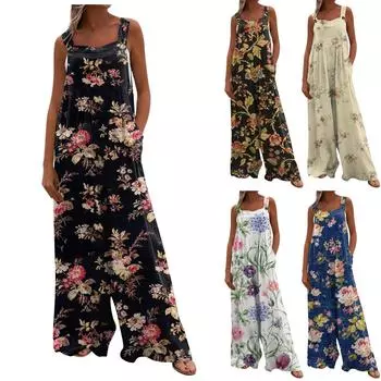 Широкие комбинезоны для женщин, повседневные свободные комбинезоны без рукавов, ретро-принт, пуговицы, длинные брюки, комбинезон с карманами L