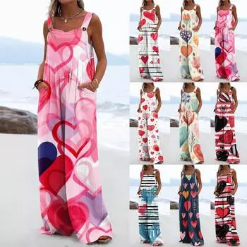 Широкие комбинезоны для женщин, повседневные свободные комбинезоны без рукавов, ко Дню святого Валентина, с принтом на пуговицах, длинные брюки, комбинезон с карманами L бежевый