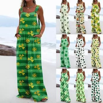Широкие комбинезоны для женщин, повседневные свободные комбинезоны без рукавов St. Длинный комбинезон с карманами и принтом на пуговицах ко Дню Святого Патрика L