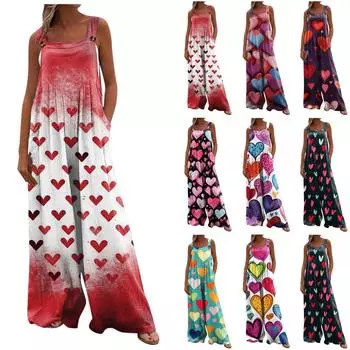 Широкие комбинезоны для женщин, повседневные свободные комбинезоны без рукавов, ко Дню святого Валентина, с принтом на пуговицах, длинные брюки, комбинезон с карманами M фиолетовый