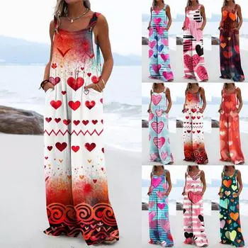 Широкие комбинезоны для женщин, повседневные свободные комбинезоны без рукавов, ко Дню святого Валентина, с принтом на пуговицах, длинные брюки, комбинезон с карманами L синий