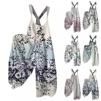 Широкие комбинезоны для женщин, повседневные свободные комбинезоны без рукавов, ретро-принт, металлические пуговицы, длинные брюки, комбинезон с карманами L зелёный