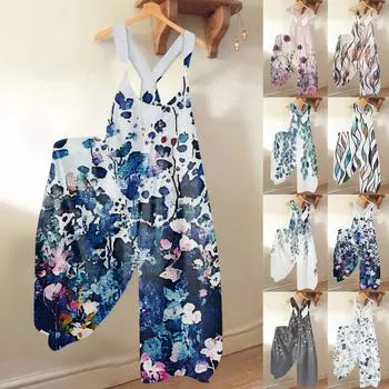 Широкие комбинезоны для женщин, повседневные свободные комбинезоны без рукавов, ретро-принт, металлические пуговицы, длинные брюки, комбинезон с карманами L синий