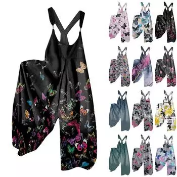 Широкие комбинезоны для женщин, повседневные свободные комбинезоны без рукавов, ретро-принт, металлические пуговицы, длинные брюки, комбинезон с карманами L чёрный