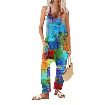 Широкие комбинезоны для женщин, повседневные свободные комбинезоны без рукавов, длинные брюки с принтом в стиле ретро, комбинезон с карманами M винный