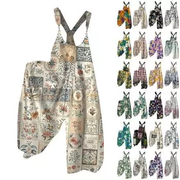 Широкие комбинезоны для женщин, повседневные свободные комбинезоны без рукавов, ретро-принт, металлические пуговицы, длинные брюки, комбинезон с карманами M