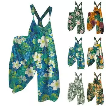 Широкие комбинезоны для женщин, повседневные свободные комбинезоны без рукавов, ретро-принт, металлические пуговицы, длинные брюки, комбинезон с карманами XXL