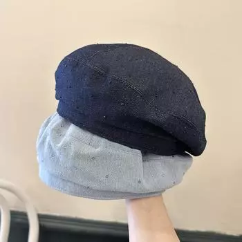Широкие ограненные бриллианты открывают лицо, маленький джинсовый берет, женская мода для улицы, тонкая шляпа художника, шляпа газетчика с плоским верхом Tide M55-58cm